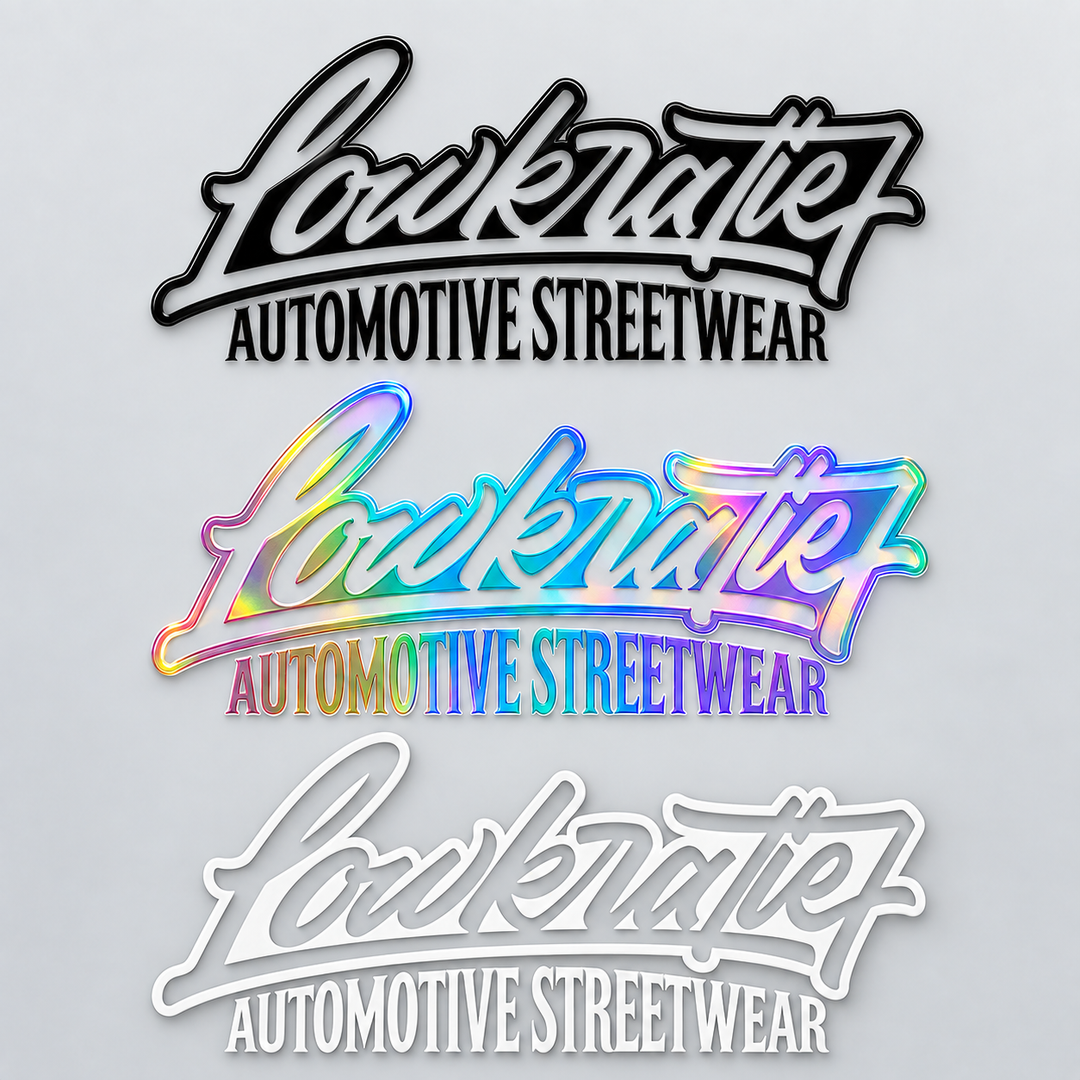 Lowkratief Automotive Streetwear Sticker – Outline in Schwarz, Oilslick und Weiß