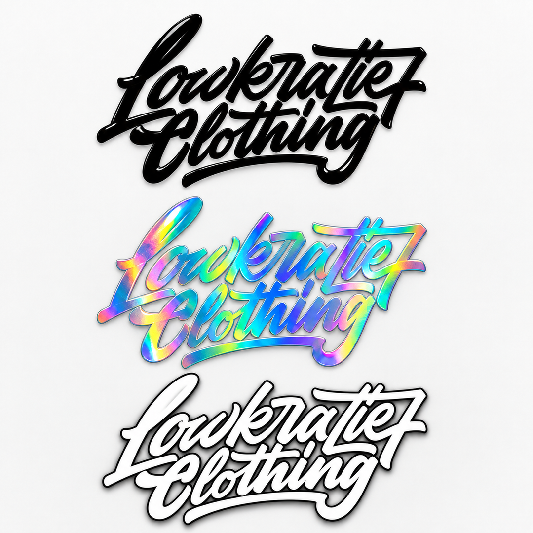 Logo Clothing Mini Aufkleber – Schwarz, Oilslick und Weiß