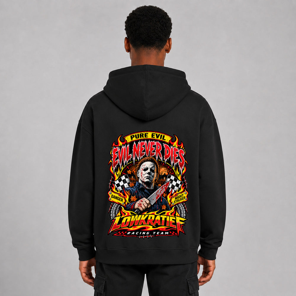 Evil Never Dies Oversize-Hoodie Rückseite – Lowkratief