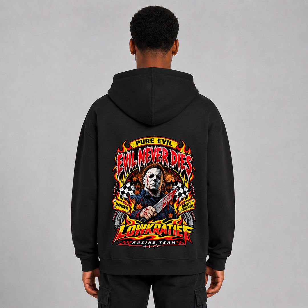 Evil Never Dies Oversize-Hoodie Rückseite – Lowkratief