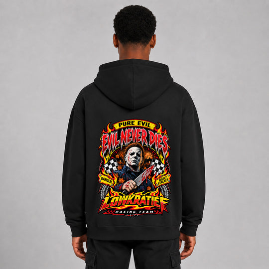 Evil Never Dies Oversize-Hoodie Rückseite – Lowkratief