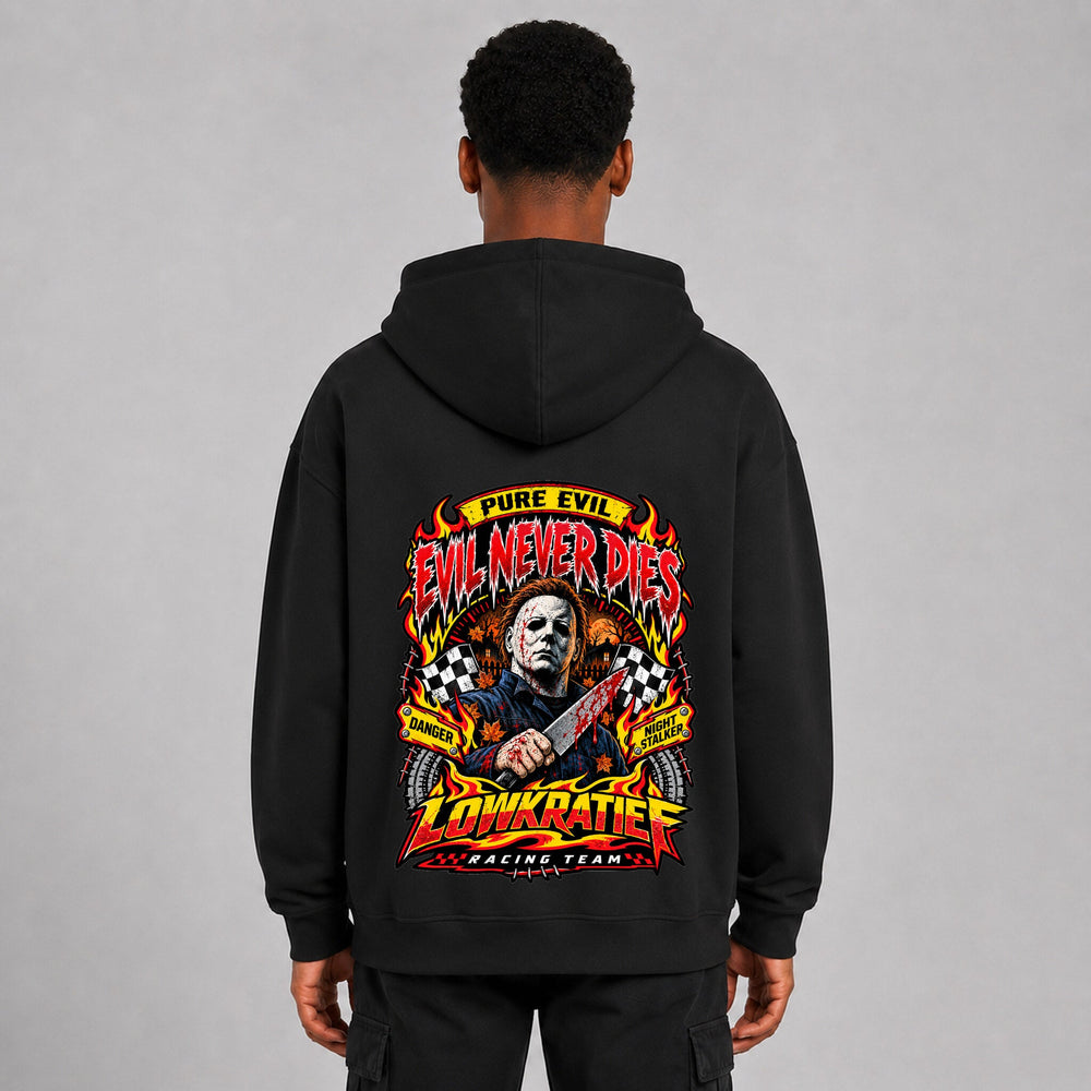 Evil Never Dies Oversize-Hoodie Rückseite – Lowkratief