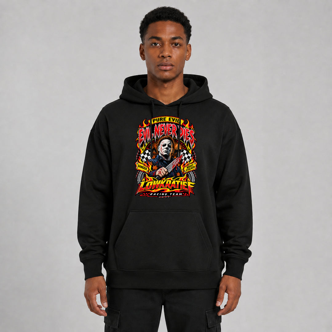 Evil Never Dies Oversize-Hoodie Vorderseite – Lowkratief