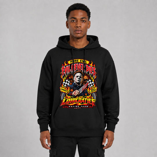 Evil Never Dies Oversize-Hoodie Vorderseite – Lowkratief