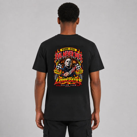 LOWKRATIEF Evil Never Dies T-Shirt mit korrigiertem Backprint