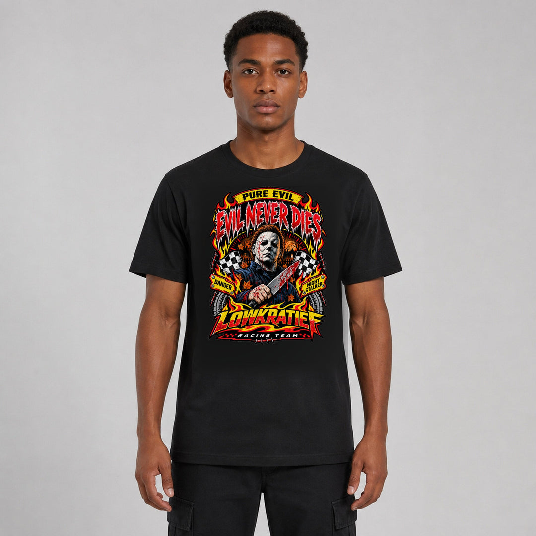LOWKRATIEF Evil Never Dies T-Shirt mit korrigiertem Frontprint