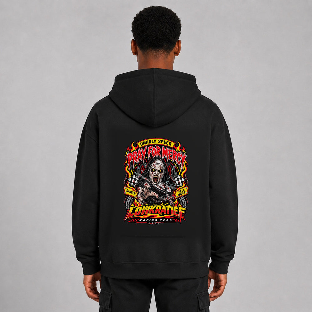 LOWKRATIEF Pray for Mercy Oversize-Hoodie mit korrigiertem Backprint