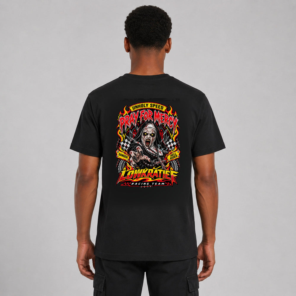 LOWKRATIEF Pray for Mercy T-Shirt mit korrigiertem Backprint