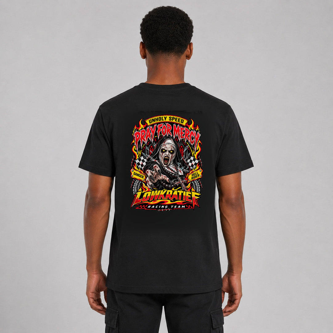 LOWKRATIEF Pray for Mercy T-Shirt mit korrigiertem Backprint