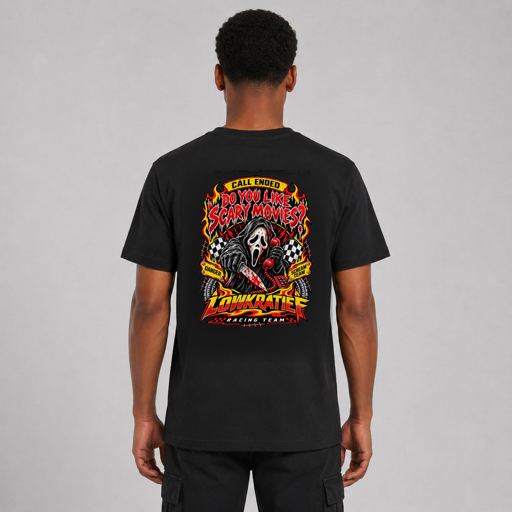 LOWKRATIEF Do You Like Scary Movies T-Shirt mit korrigiertem Backprint