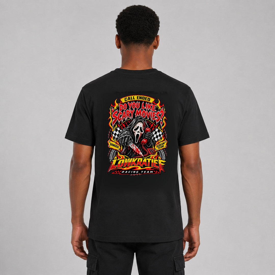 LOWKRATIEF Do You Like Scary Movies T-Shirt mit korrigiertem Backprint