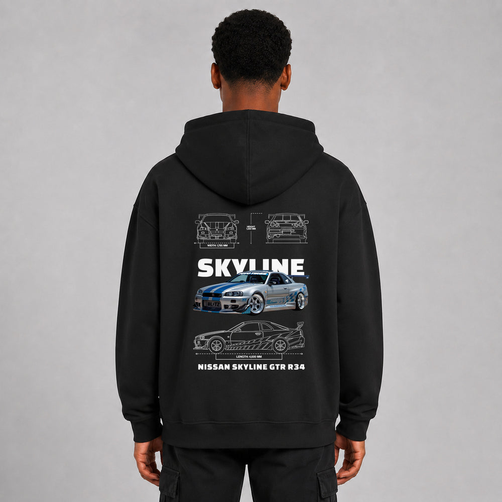 LOWKRATIEF Skyline R34 Legend Oversize-Hoodie mit Backprint