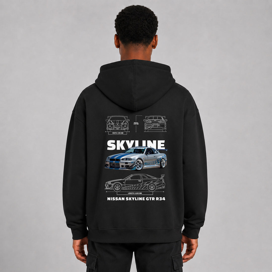 LOWKRATIEF Skyline R34 Legend Oversize-Hoodie mit Backprint