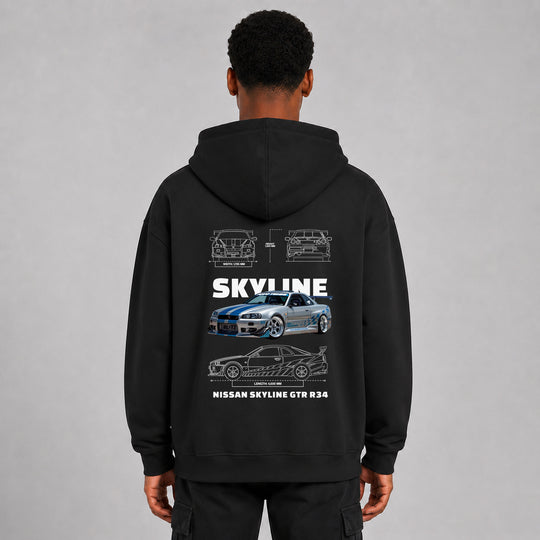 LOWKRATIEF Skyline R34 Legend Oversize-Hoodie mit Backprint