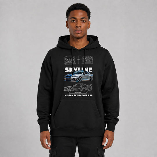 LOWKRATIEF Skyline R34 Legend Oversize-Hoodie mit Frontprint